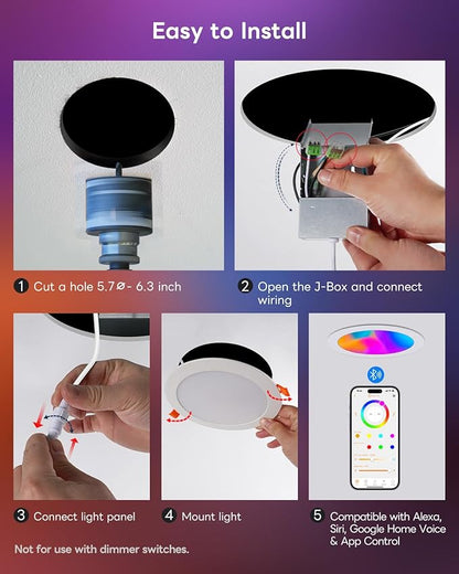 Smart Recessed Lighting 6 Inch, RGBCW Color Changing Canless Recessed Ceiling Lights, Dimmable Retrofit Downlight Compatible with Alexa, Siri, Google Voice & App Control with Junction Box, 12Pack