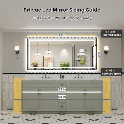 77x36 Inch LED Bathroom Mirror with Black Frame, Backlit & Front Lit, Anti-Fog Lighted Bathroom Vanity Mirror for Wall, Memory Function, Dimmable, HD Tempered Glass, Shatter-Proof