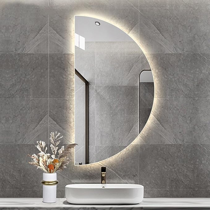 Half Moon LED Bathroom Mirror -Half Moon Mirrors for Wall,Frameless Backlit Smart Vanity Mirrors.3-Color Dimmable,Anti-Fog (Right Semicircle, 20 * 39in/50 * 100cm)