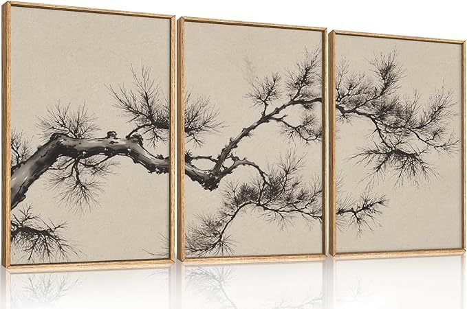 HPNIUB Vintage Sketch Pine Tree Framed Canvas Wall Art Set, Brown Antique Tree Branch Wall Decor, Nature Botanical Art Print, Modern landscape Pictures for Living Room, Bedroom, Office- 16 x24 x3