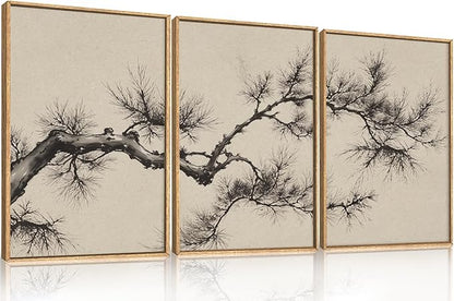 HPNIUB Vintage Sketch Pine Tree Framed Canvas Wall Art Set, Brown Antique Tree Branch Wall Decor, Nature Botanical Art Print, Modern landscape Pictures for Living Room, Bedroom, Office- 16 x24 x3