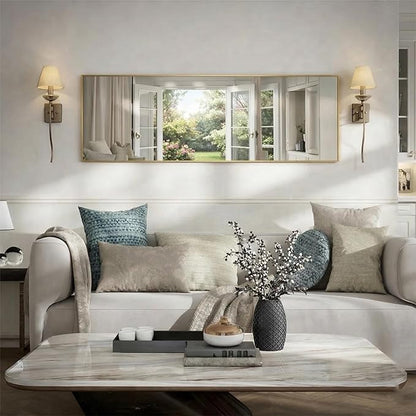 Simple Deluxe 47x14 Full Length Mirror Over The Door, Wall Mounted Full Body Mirror, Luxurious Gold Aluminum Frame, Shatterproof Glass, for Bedroom, Living Room, Entryway, Gold Rectangle