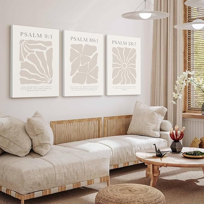 Scripture Christian Wall Art Set of 3 Beige Bible Verses Wall Decor Neutral Psalm Canvas Wall Art Modern Pictures Flower Prints Christian Artwork for Living Room Bedroom 16x24 Inch Ready to Hang