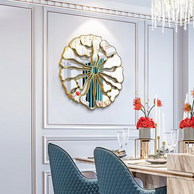 Gold Wall Mirrors Decorative, 32” Large Round Mirrors for Wall Decor, Flower Shaped Decorative Wall Mirror for Living Room, Bedroom, Dining Room