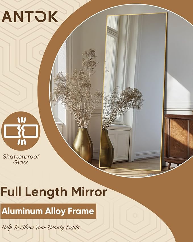 Antok Full Length Mirror, 71"x28" Floor Mirror, Floor Standing Freestanding Full Body Mirror with Stand for Bedroom, Hanging Mounted for Living Room Cloakroom, Gold