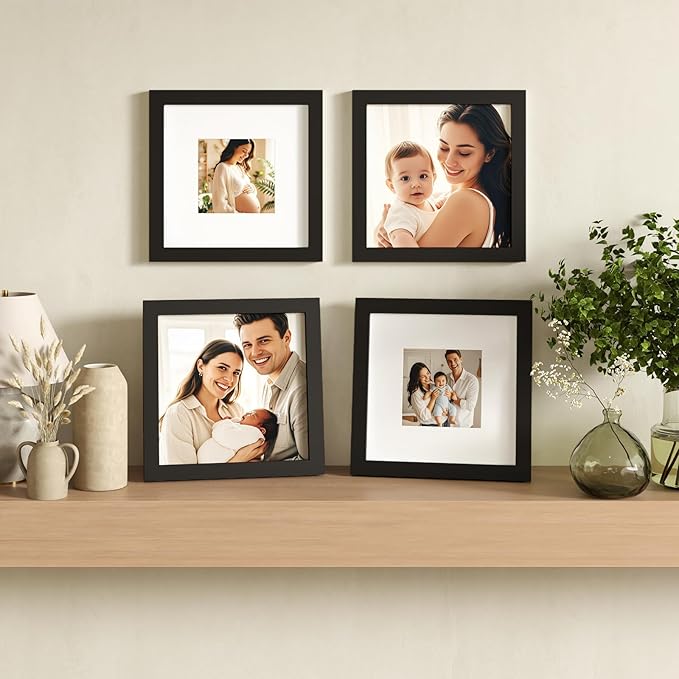 Egofine 10x10 Picture Frames Black,Made of Solid Wood with HD Plexiglass for Pictures 6x6 with Mat or 10x10 without Mat, Tabletop and Wall Mounting Display, Set of 4