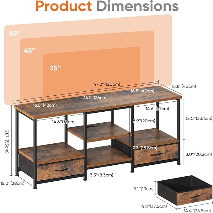 DUMOS 47 Inch TV Stand for 55-65 Inch TVs, Entertainment Center with Charging Station(2AC+USB+Type-C), Media Console Table with Storage Drawers & Open Shelves, Heavy Duty for Living Room, Rustic Brown