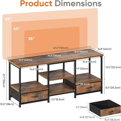 DUMOS 47 Inch TV Stand for 55-65 Inch TVs, Entertainment Center with Charging Station(2AC+USB+Type-C), Media Console Table with Storage Drawers & Open Shelves, Heavy Duty for Living Room, Rustic Brown