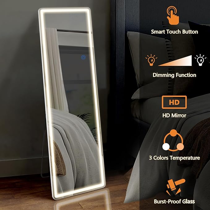 Sweetcrispy Full Length Mirror with LED Lights, 71.3"x26.5" Lighted Full Body Floor Mirror with Dimming & 3 Color Lighting, Stand for Bedroom, Dressing Room, White