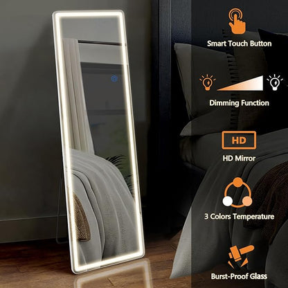 Sweetcrispy Full Length Mirror with LED Lights, 71.3"x26.5" Lighted Full Body Floor Mirror with Dimming & 3 Color Lighting, Stand for Bedroom, Dressing Room, White