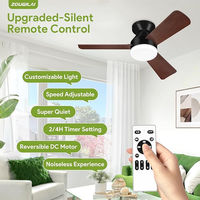 35" Black&Wood Ceiling Fans with Lights and Remote, Low Profile Ceiling Fan with Light, Reversible DC Motors, 3CCT Dimmable Timer Noiseless, Flush Mount Ceiling Fan for Bedroom/Living Room