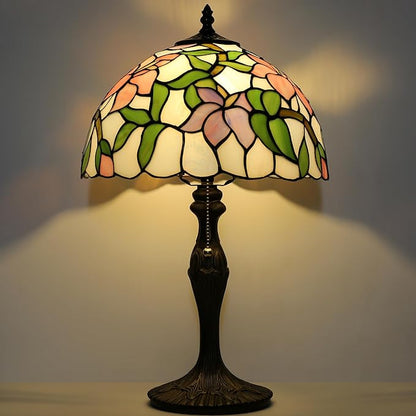 Tiffany Lamp Stained Glass Table Lamp Bedside Reading Lamp 12 x 19” Pink Flower Style Decorative Lamp for Desk Study Living Room Bedroom Office Decor Gift