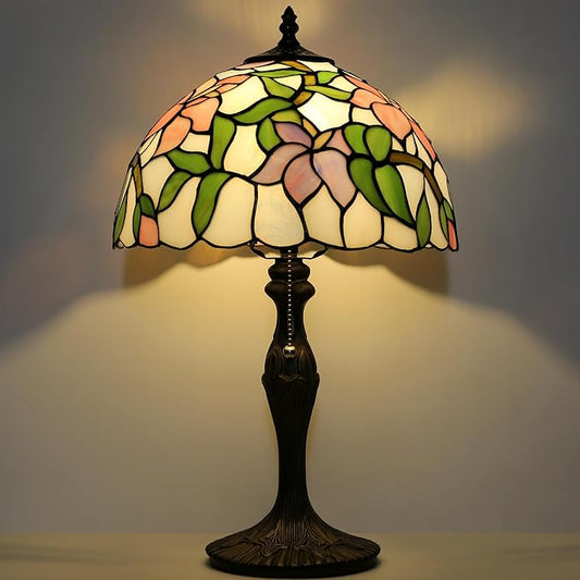 Tiffany Lamp Stained Glass Table Lamp Bedside Reading Lamp 12 x 19” Pink Flower Style Decorative Lamp for Desk Study Living Room Bedroom Office Decor Gift