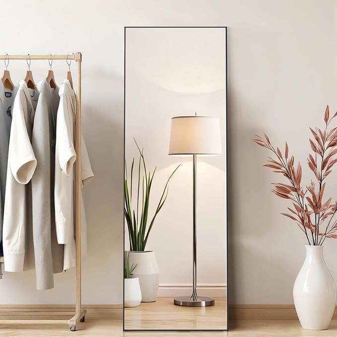 Full Length Floor Mirror, 15.75"x59" Full Body Standing Mirrors with Shatter-Proof Glass, Floor or Wall Mount, Hanging or Leaning, Aluminum Alloy Frame for Home Decor, Black