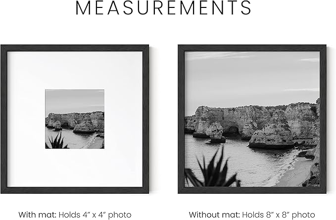 HAUS AND HUES Picture Frame, Solid Oak 8x8 with Mat, Black, 8 x 8 inches, Square, Poster Frame, Modern Design, 1 Count