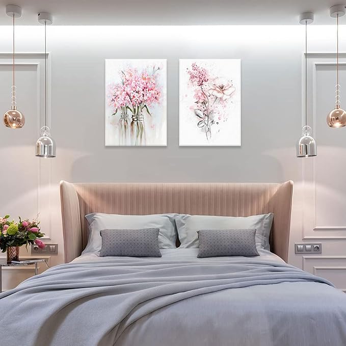 Pink Floral Canvas Wall Art, Pink Framed Wall Art, Butterfly Grey Leaf Canvas Prints, Floral Art Paintings for Bedroom, Bathroom, Office Art Prints Ready to Hang12x16 Inches.