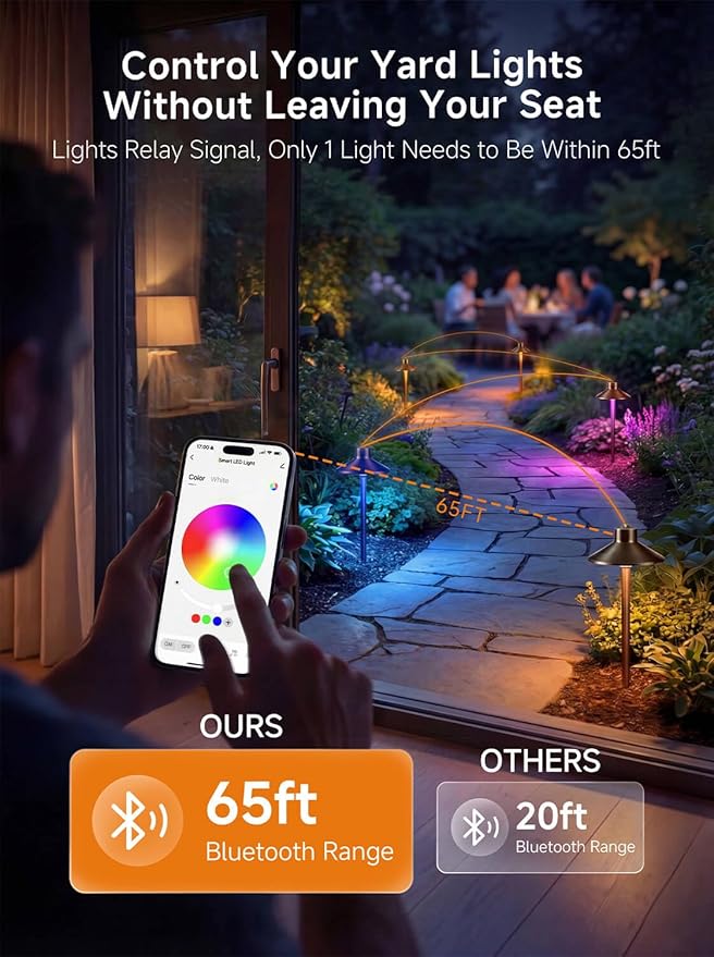 Gardenreet Brass Smart RGBCW 12v Path Light, Bluetooth App Control Landscape Lighting Waterproof, Low Voltage Dimmable Adjustable Warm/Cool White G4 Bulb, Year-Round Daily Yard Ambiance, Bronze 6 Pack