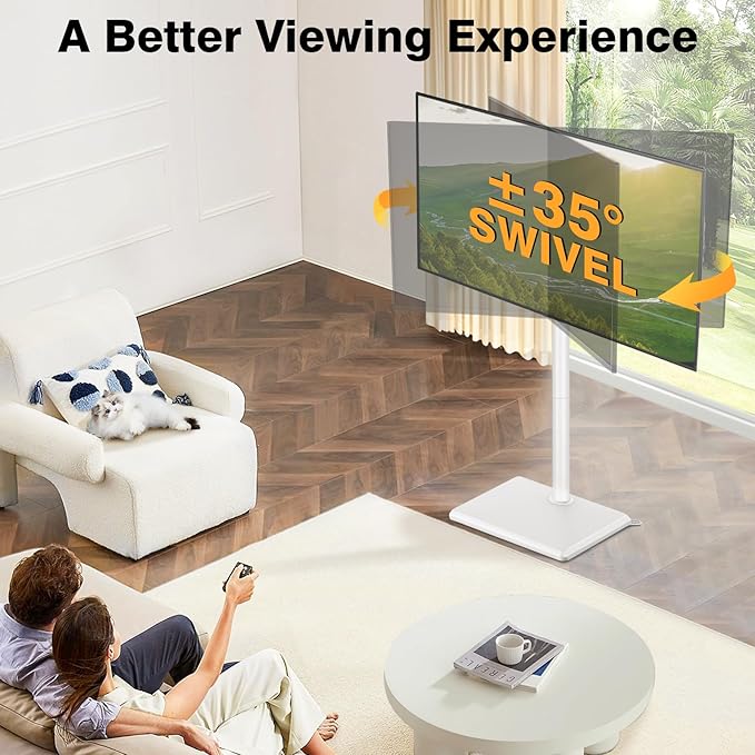 TVON Floor TV Stand with Mount for Most 32-65 Inch TVs up to 88lbs, Height Adjustable TV Floor Stand with Wood Base for Space Saving, Tall Floor TV Stand for Bedroom, Corner & Living Room, White