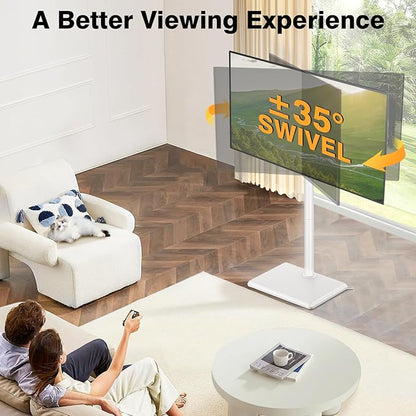 TVON Floor TV Stand with Mount for Most 32-65 Inch TVs up to 88lbs, Height Adjustable TV Floor Stand with Wood Base for Space Saving, Tall Floor TV Stand for Bedroom, Corner & Living Room, White