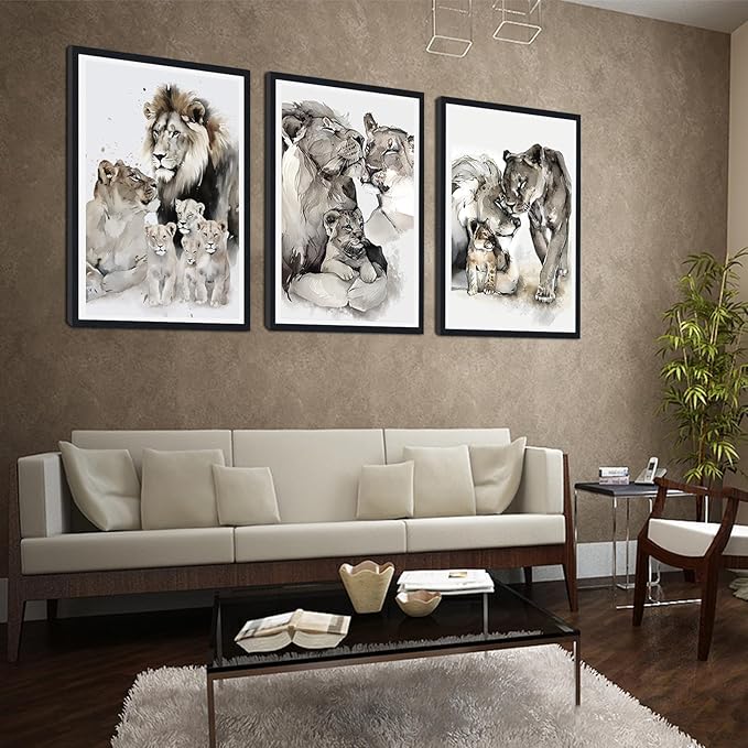 Watercolor Nature Animals Framed Canvas Wall Art 3 Pieces Lion Family Portrait Wall Decor for Country Apartment Living Room Bedroom Wildlife Animals Artwork Decoration Easy to Hand 24x36inchx3pcs