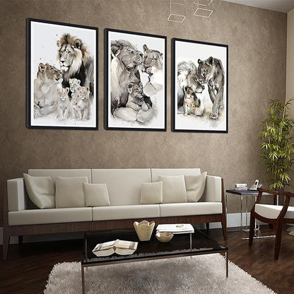Watercolor Nature Animals Framed Canvas Wall Art 3 Pieces Lion Family Portrait Wall Decor for Country Apartment Living Room Bedroom Wildlife Animals Artwork Decoration Easy to Hand 24x36inchx3pcs