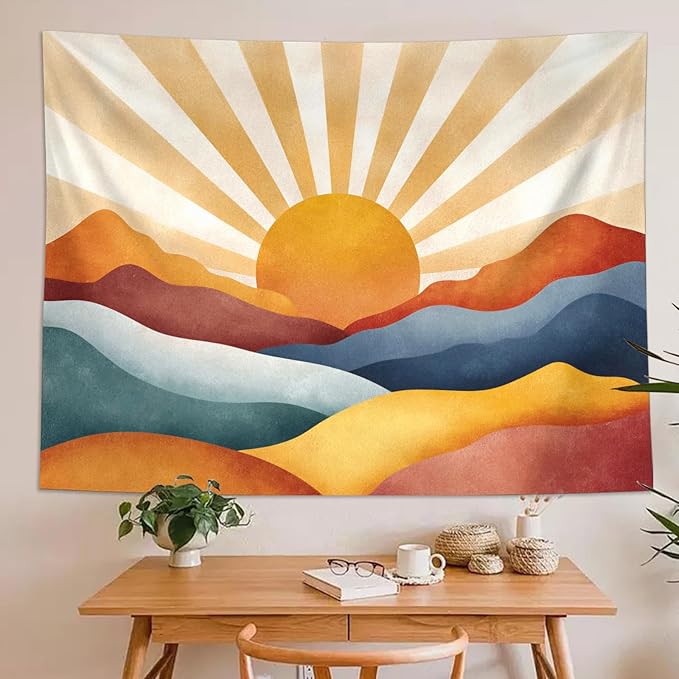 Leeisysme Boho Sun Tapestry, Abstract Retro 70s Mountain Wall Art, Aesthetic Vintage Sunrise Tapestries for Bedroom Living Room Dorm Decor, 60x80 inches