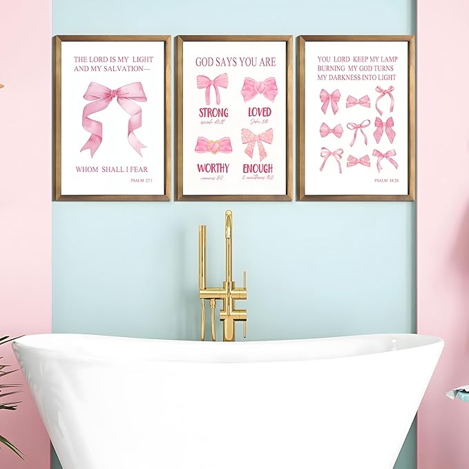 JBZDD Christian Pink Bow Wall Art Posters Set of 3 Unframed Inspirational Bible Verse Quotes Prints for Girls Room College Dorm Bathroom Bedroom Living Room Decor 12x16in