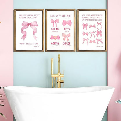 JBZDD Christian Pink Bow Wall Art Posters Set of 3 Unframed Inspirational Bible Verse Quotes Prints for Girls Room College Dorm Bathroom Bedroom Living Room Decor 12x16in