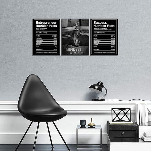 KAWAHONE Motivational Mindset Canvas Wall Art, Success Entrepreneur Nutrition Facts Mindset is Everything Office Inspirational Poster Prints Quotes Wall Decor GalleryWrapped Framed Easy Hang