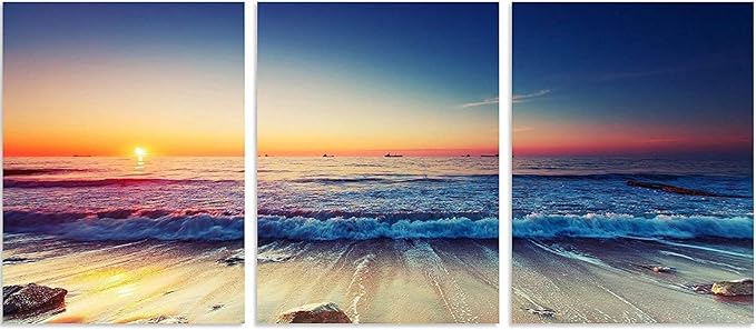 TutuBeer 3 Panels Beach Home Beach Decor Sea Wall Art for Home White Ocean Sea Sunrise with Deep Blue Sky Ocean Pictures Seascape Art for Wall Seascape Art 16" x 24" x 3 Pieces