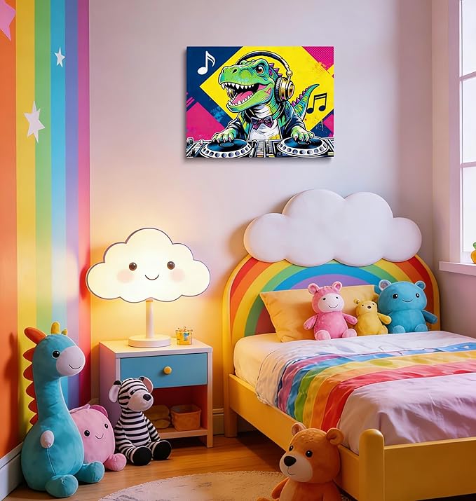 12x16 Pop DJ Dinosaur Canvas Wall Art Prints, Graffiti T-Rex Music Decor with Headphone & Turntable, Colorful Wall Painting for Teen Boy/Kids Bedroom, Child Home Painting Vibrant Hanging Game Poster