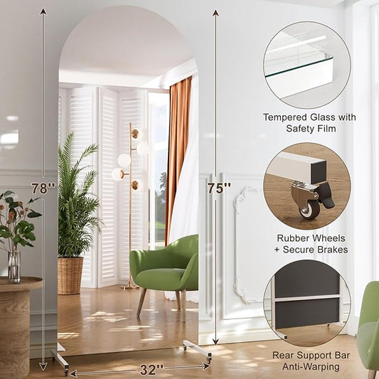 75” x 32” Arched Full Length Rolling Floor Mirror on Lockable Wheels, Large Whole Body for Home Gym & Dance Studio, Shatter-Resistant Tempered Safety Glass, 360° Swivel, White Metal Frame and Stand