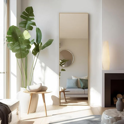 Mirror Full Length, Upgraded 16"x59" Body Wall Mirrors with Shatter-Proof Glass, Floor Standing, Hanging or Leaning, Tall Mirror with Stand Aluminum Alloy Frame for Bedroom, Gold