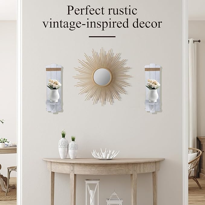 Alphatool Farmhouse Wall Decor Candle Sconces - 2 Pcs Vintage Rustic Handmade Wooden Wall-Mount Candle Holders for Bedroom Livingroom Home Hanging Art Decorations Accessories Gifts, Grayish-White