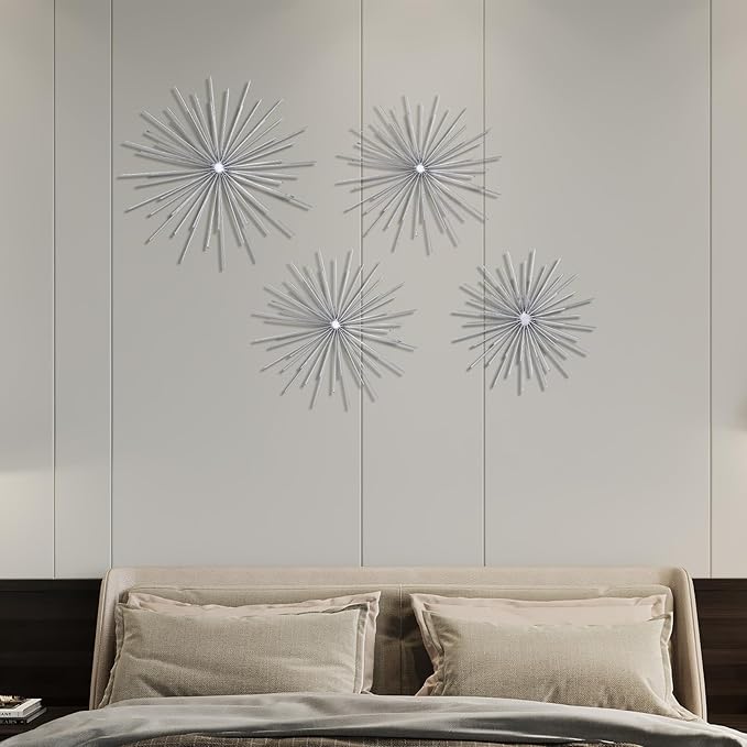 Shimeyao 4 Pcs Metal Starburst Wall Decor Silver Metal Wall Art 3D Spike Bling Finish Star Burst Hangings Accents Sculptures Set Modern Mid Century Decorations for Living Room Bedroom Entryway