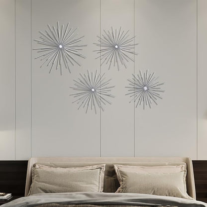 Shimeyao 4 Pcs Metal Starburst Wall Decor Silver Metal Wall Art 3D Spike Bling Finish Star Burst Hangings Accents Sculptures Set Modern Mid Century Decorations for Living Room Bedroom Entryway