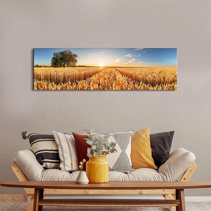 Sunset Forest Wall Art Nature Wheat Field Landscape Pictures Wall Decor for Living Room Kitchen Sunrise Country Meadow Scenic Painting Farmhouse Poster Panoramic Artwork Home Bedroom Decoration 14x48”