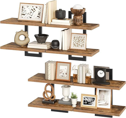 HOOBRO Floating Shelves, 15 Inch Wall Shelf Set of 4, Wall Mounted Storage Shelves 2-Tier, Hanging Bathroom Shelves, for Living Room, Bedroom, Bathroom, Kitchen, Rustic Brown and Black BF32BJP401