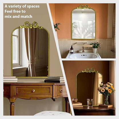 Antique Baroque Vintage Vanity Mirror Inch, Gold with Ornate Antique Frame, Arched Vintage Wall Mirror for Living Room, Fireplace, Entryway (Golden (Arched 2), 22" L x 15" W)