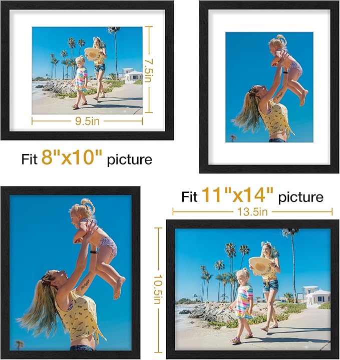 Vittanly 11x14 Picture Frames Set of 9, Display 8x10 Pictures with Mat or 11x14 without Mat, Photo Frames for Wall or Tabletop with Plexiglass, Engineered Wood, Black&Brown&Dark Grey