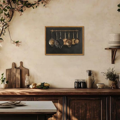 Framed Vintage Kitchen Canvas Wall Art, Farmhouse Pans Pictures Wall Decor Prints, Rustic Hanging Pots Paintings Poster Antique Home Decor Artwork for Dining Room Living Room 12x16 inch