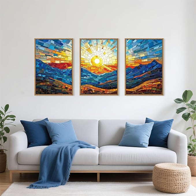 Mountains Framed Canvas Wall Art Set, Modern Abstract Art Painting, Irregular Square Ridge Wall Decor, Sunrise Art Print for Living Room, Bathroom, Bedroom, Office-16 x24 x3