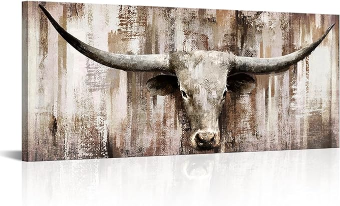 LevvArts Large Size Longhorn Cow Canvas Wall Art Western Cattle Painting Artwork Rustic Farmhouse Decorations Man Cave Home Office Decor 20"x48"