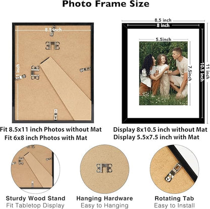 JCJMY 12 Packs 8.5 by 11 Picture Frames, Display 6x8 with Mat or 8.5x11 Without, for Award Certificate Diploma Document, 8.5 x 11 Frames Bulk Set of 12 Photo Frames Set for Wall and Tabletop, Black