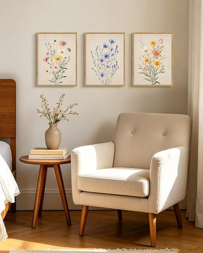 PHOPAGO Vintage Wildflower Bouquet Framed Wall Art Botanical Flower Wall Decor Modern Colorful Floral Living Room Bedroom Hanging Decor - 11x14in Natural Framed