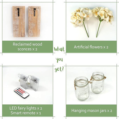 Mason Jar Wall Sconces Set of Two, Wall Deco Cute Wall Decor with LED Fairy Lights, Art for Living Room Modern Decorations, House Decor, Rustic Brown