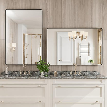 JISOSO Black Bathroom Mirror 48X32 Inch, Black Metal Framed Mirror for Wall, Rounded Rectangle Matte Bathroom Vanity Mirror with Tempered Glass, Anti-Rust, Horizontal/Vertical