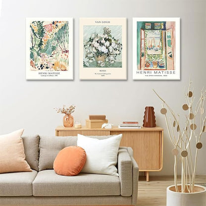 LYPHNX Framed Sage Green Matisse Canvas Wall Art Vintage Abstract Floral Prints Poster Set of 3 Mid Century Aesthetic Flower Artwork Painting Picture Decor for Living Room Bedroom Bathroom 16"x24"