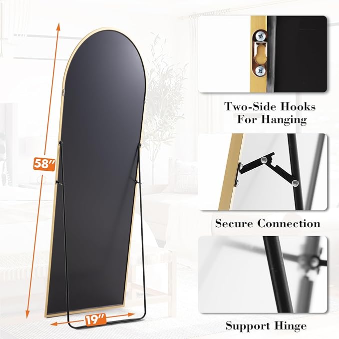 Sweetcrispy 58"x19" Arched Full Length Mirror, Full Body Mirror with Aluminum Alloy Thin Frame, Leaning or Standing, Suitable for Bedroom, Livingroom, Cloakroom, Gold