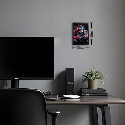 Gamer Monkey Wall Art, Gorilla Playing Video Game with Controller Canvas Print Poster, Colorful Graffiti Gaming Animal Painting, Boys Room Game Room Wall Decor 8x10 Inch Wood Framed
